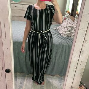 Vince Camuto Stripe Belted Jumpsuit Black And White